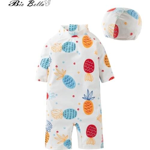 2021 Summer 2-8Y Baby Girl Boy Beach 2Pcs Sets Fruits Print Half Sleeve Back Zipper Playsuit+Cap Swimsuit Holiday
