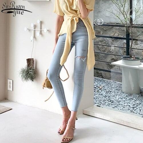 2021 Autumn New Vintage Light Blue Pencil Pants Ripped Jeans for Women Capri-Pants Trousers for Women Ropa De Mujer 10503