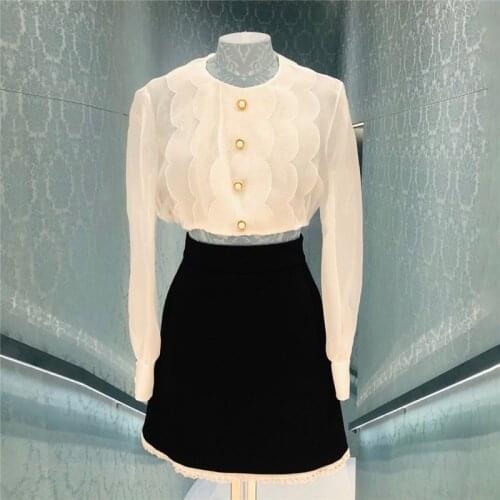 Button White Chiffion Long-Sleeved French Blouse Long-Sleeved Elegant Short Shirts Top Women Sweet Fashion New Summer Clothing