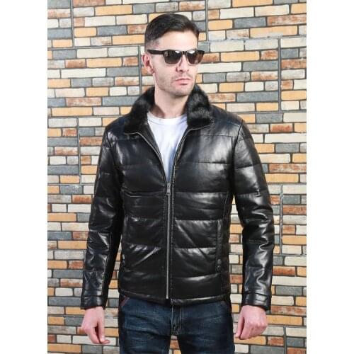 Free shipping.Mens winter warm genuine leather jacket.90% white duck down coat.quality soft real leather clothes.Mink Collar