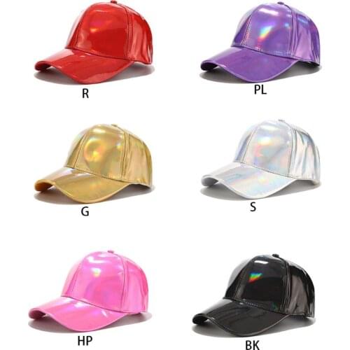 K3NF Women Men Faux Leather Baseball Cap Glitter Metallic Holographic Rainbow Reflective Hip Hop Adjustable Strapback Peaked Hat