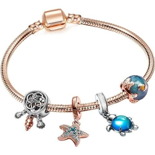 BRACE CO European Heart-shaped Pendant Charm Bracelet Fit Womens Jewellery Snake Chain Rose Gold Metal