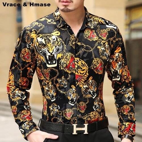Personalized Leopard printing gold velvet boutique long-sleeved shirt 2018 Autumn&Winter fashion casual quality men shirt S-XXXL
