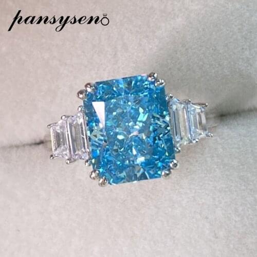 PANSYSEN 100% 925 Sterling Silver Created Moissanite Aquamarine Ring Wedding Engagement Fine Jewelry Lab Diamond Rings for Women