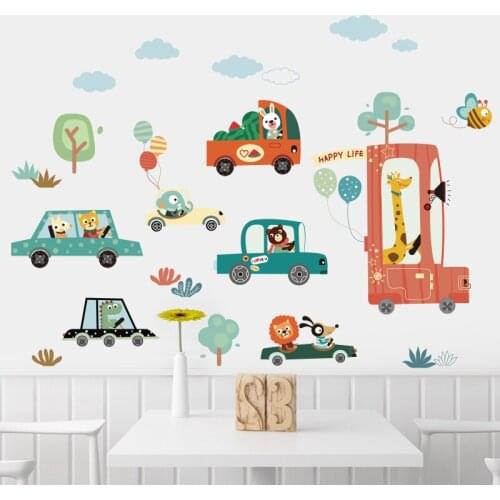 Cartoon Animal Car Wall Sticker Kids Room Decor Aesthetic Self Adhesive 3D Poster Boy Bedroom Nursery Wall Decor DIY Decal Mural