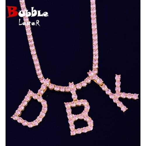 Pink Color Zircon Tennis Letters Necklaces & Pendant For Men/Women Gold Color Fashion Hip Hop Jewelry with 4mm Tennis Chain