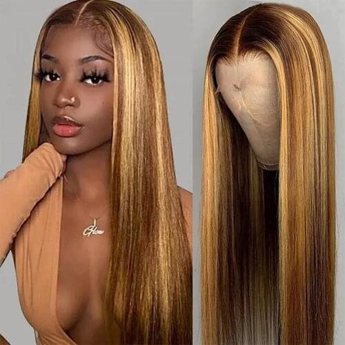 Highlight Straight Wig Ombre Brown 4/27 Human Hair Wigs Highlight Lace Front Wig 13x4 Lace Frontal Remy 4x4 Lace Closure Wigs