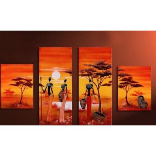 Hand-painted african woman painting beauty lake African grassland wall decoration 4pcs/set framed