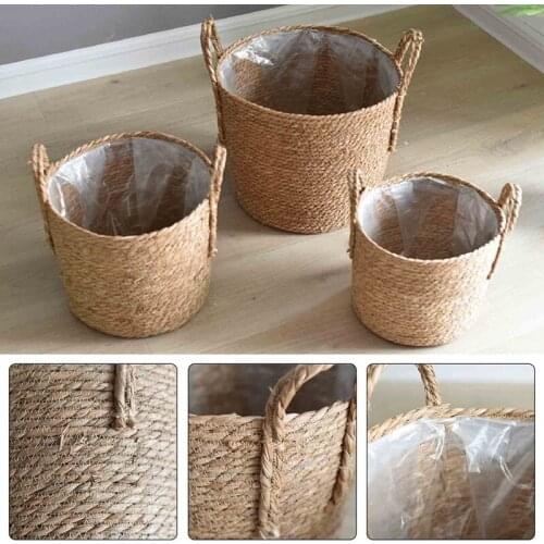 Handmade Straw Flower Basket Straw Storage Basket Rattan Floor Indoor Flower Pot Crafts Decoration Living Room Home Decoration