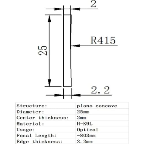 Plano Concave Lens Diameter 25mm Focal Length -803mm H-K9L Glass Lens Optical Glass Optical Lens