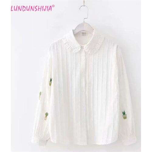 LUNDUNSHIJIA 2019 Spring Women Cactus Flower Pot Embroidered Blouse Femme Clothing 100%Cotton White Shirts Top Blusas Feminina