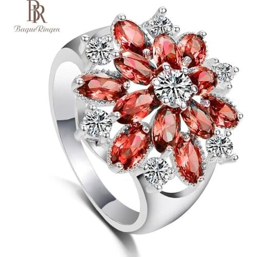 Bague Ringen 925 Sterling Silver Women Ring Flower Shape Zircon Oval Gemstone Women Party Silver Jewelry Gift Size 6-10