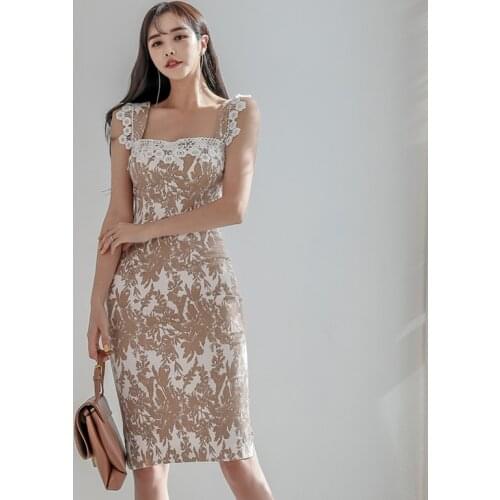 New arrival fashion summer midi dress women OL flower print lace sexy bodycon dress ladies sleeveless strap split holiday dress