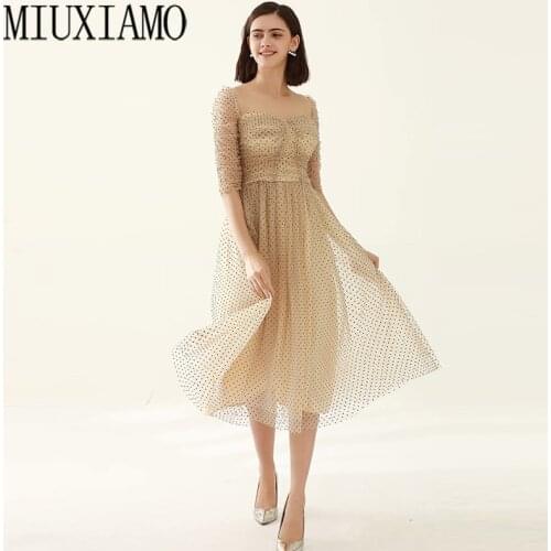 MIUXIMAO Runway 2021 Spring Summer New Women Vintage Elegant Dot Screen Fashion Office Slim Midi Dress Vestidos