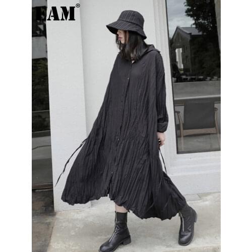 [EAM] Women Black Pleated Irregular Big Size Dress New Lapel Long Sleeve Loose Fit Fashion Tide Spring Autumn 2021 1DB194