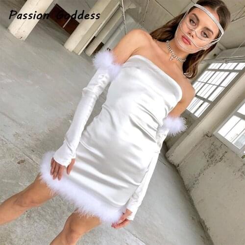 White Cute Feathers Dress Women Off Shoulder Bodycon Princess Kawaii Fur Dress Dresses With Fur Gloves Sleeve Party Night Club