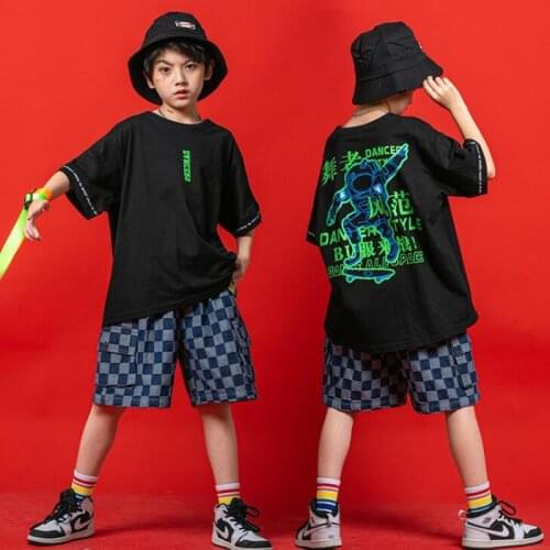 Kids Hip Hop Concert Clothing Black Oversize Tshirt Streetwear Cargo Checkered Shorts For Girl Boy Dance Costume Clothes Set