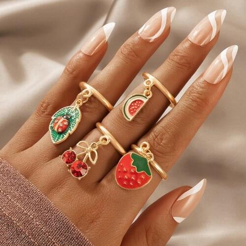 Docona 4pcs/set Lovely Fruit Cherry Watermelon Knuckle Rings for Women Luxury Crtstal Colorful Ladybug Pandent Ring Set Jewelry