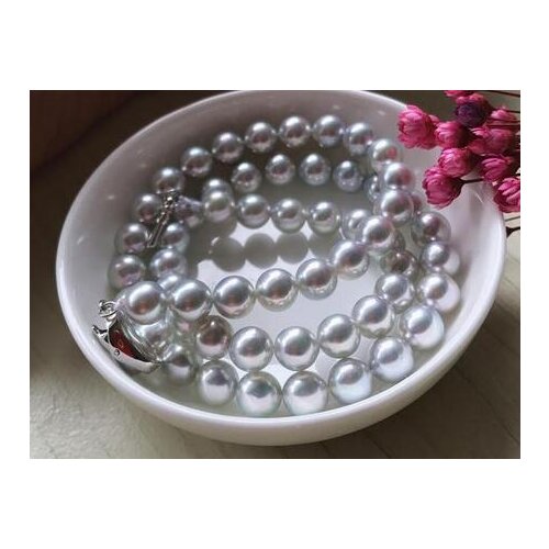 Elegant 9-10mm south sea round grey pearl necklace 18inch 925s KKK