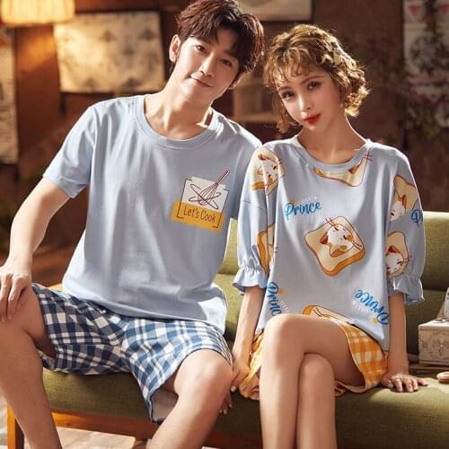 SLPBELY Cotton Couple Pajamas Set Summer Pyjama Femme Male Cartoon Short Sleeved Plaid Shorts Men And Women Sleepwear Pijama New
