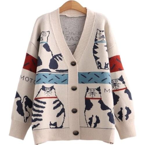 Cartoon Cat Embroidery Women Knit Cardigan 2021 Winter V-neck Long Sleeve Knitwear Casual Female Warm Soft Cute Jumpers Tops