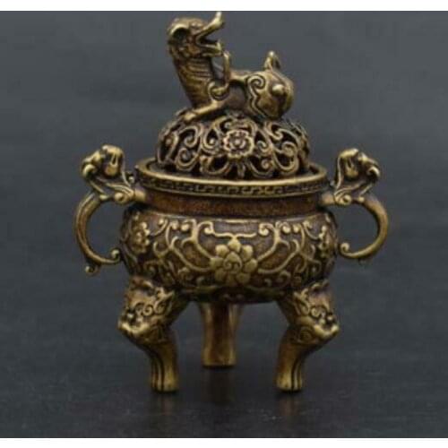 Chinese Old Handmade pure brass Beast head small Incense burner statue