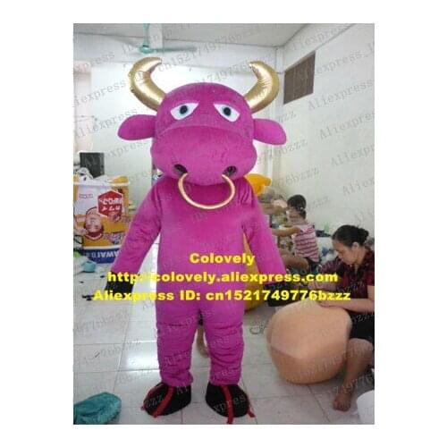 Pretty Pink Buffalo Bison Wild Ox Bull Toro Cattle Calf Kerbau Mascot Costume Yellow Nose Ring Black Claws Big Head No.7613