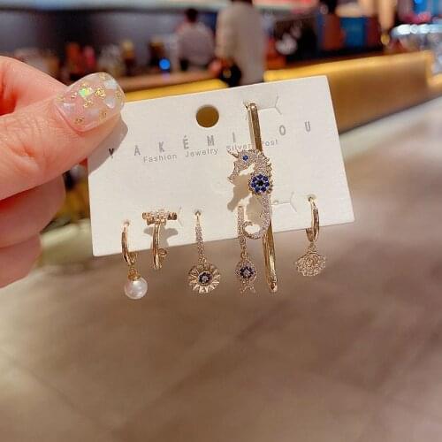 Mixed Styles Hippocampus Ear Cuff Shell Fish Dangle Earrings Set Gold Color Cubic Zirconia Women Jewelry