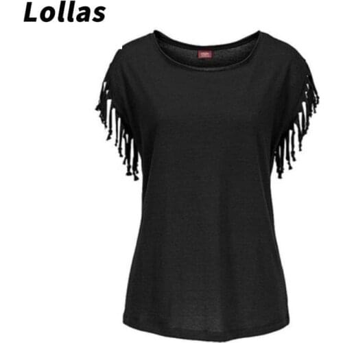 New Women round O neck tassel short sleeve cuff fringed T-shirt cotton solid color S-3XL