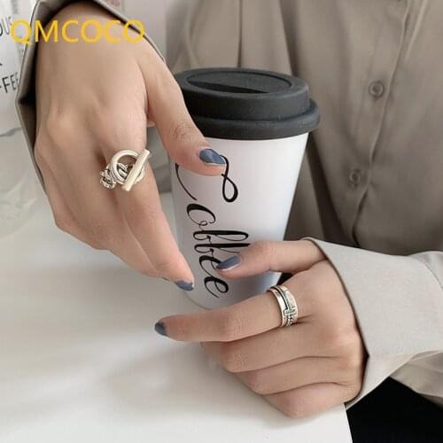QMCOCO Minimalist 925 Silver Trendy Rings For Women Vintage Punk Thai Silver Width Chain Geometric Party Jewelry Gifts