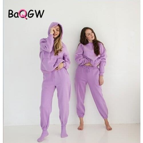BaQGW Hooded Warm Two Piece Set Casual Long Sleeves Sweatshirt and Pants Set Female Solid Colorful Outfits Womens Tracksuit
