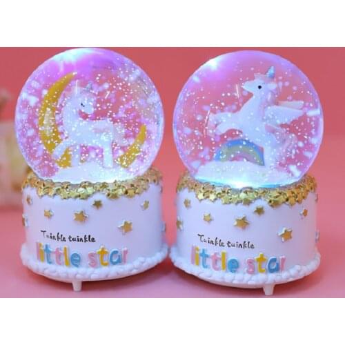 Creative Home Unicorn Crystal Ball Music Box Floating Snow Lights Resin Crafts Female Birthday Gift Decoration