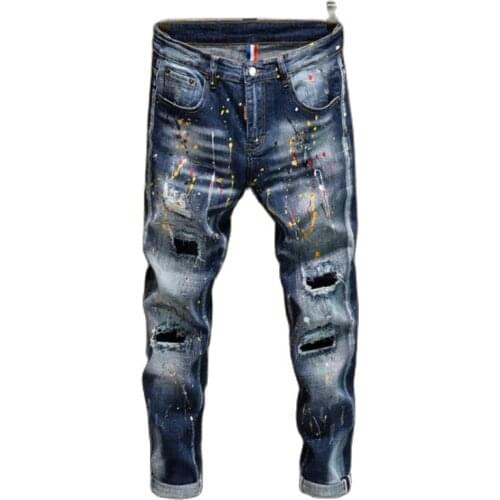 Streetwear Fashion Men Jeans Retro Beggar Designer Biker Jeans Homme Elastic Painted Hip Hop Pencil Pants