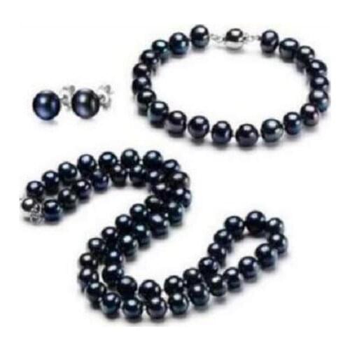 Gorgeous 9-10 mm tahitian black pearl necklace1 8"bracelet 8"&earring