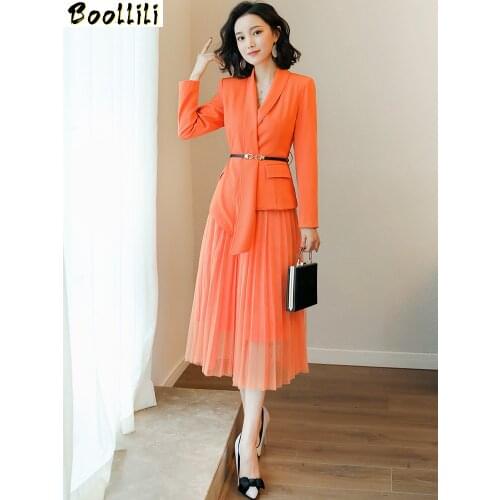 Boollili 2020 Spring Autumn Women Office Dress Elegant Ladies Formal Suit Tops + Mesh Skirt Casual Two Piece Set Women Clothes