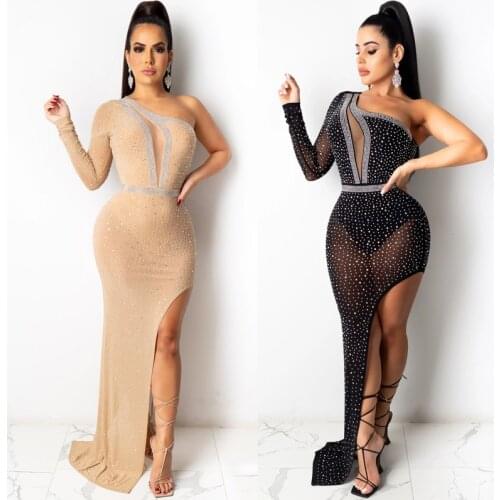 Irregular Split Skirt Women Diamond New Autumn European Womens Sexy Night Club Party Dress Gauze Perspective Vestido Dresses