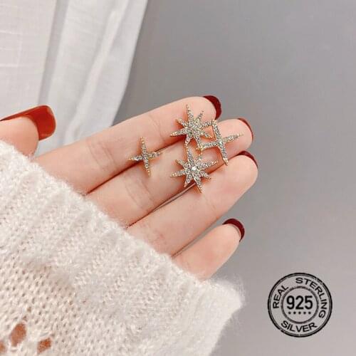 S925 Silver Needle Earrings For Women Star Asymmetric Diamond Zircon Female Fashion Retro INEFFA Design Accessories Jewelry