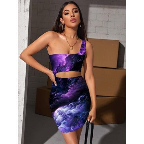 Giyu Brand Nebula Dress Women Purple Bodycon Dress Space Hollow out Dresses Universe 3d Print Womens Clothing Party Beach Boho