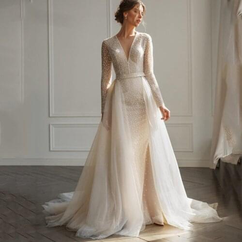 Romantic Mermaid Wedding Dresse V-Neck Long Sleeve Backless Button Detachable Train Bridal Gowns 2021 Vestidos De Noivas