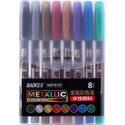 BaoKe 8 Colors Permanent Marker Brush Paint Marker Set 1-3mm Metallic Marker Pen Drawing Painting Art Supplies Stationery