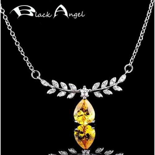 BLACK ANGEL Water Drop Pear Shaped Citrine Gemstone Pendant Necklace For Women 925 Silver Wholesale Jewelry Luxury Olive Leaf