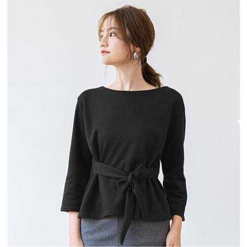 Cotton T-shirt Women Full Sleeve Sexy Top Elastic Bow Tshirts Big Size Solid Color Soft Fashion Casual Round Neck Streetwear