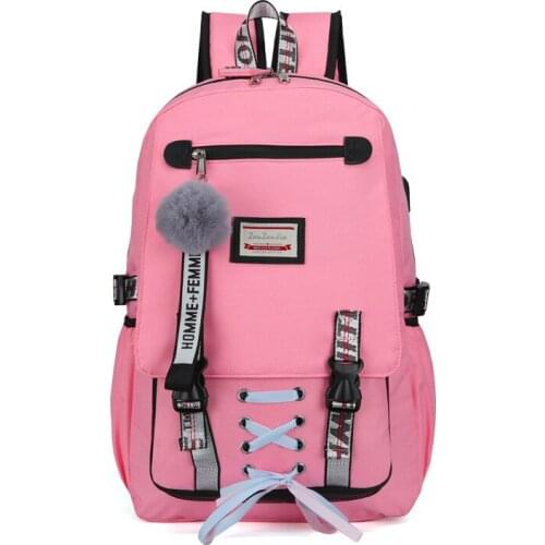 Large school bags for teenage girls USB port canvas schoolbag student book bag fashion black pink teen school backpack