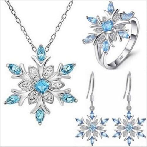 3 PCS/Set Trendy Ocean Blue Snowflake Set Womens Girls Ring Necklace Accessories Sets For Christmas Party Jewelry