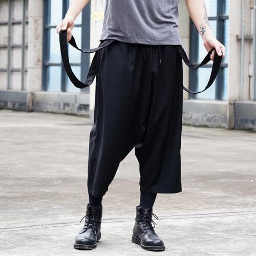 Men Casual Bib Pant Jumpsuit Male Streetwear Hip Hop Loose Trousers Dark Black Japan Style Retro Fashion Harem Pants