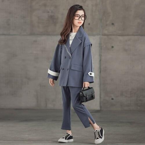 10 12 years Girls Fashion Coat Suits Ceremony Formal 2 pieces Double Breasted Loose Coat Long Pants Teen Girls Clothes Set