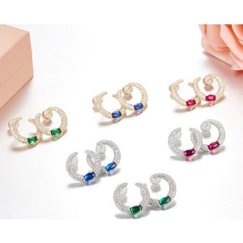 5pairs Colorful CZ Circle moon simple Stud earrings