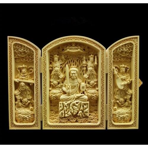 Creative wooden Buddha statue model Solid wood exquisite carving 3 open folding Buddha statue Home decoration model crafts