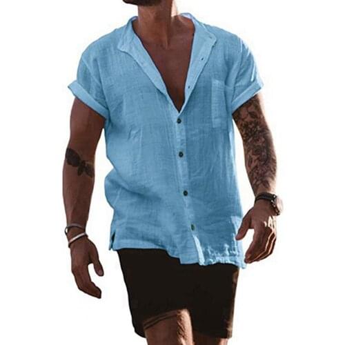 Summer Short Sleeve Beach Shirt Stand Collar Solid Color V Neck Pockets Shirts Summer Men Shirt Beach Party chemise homme
