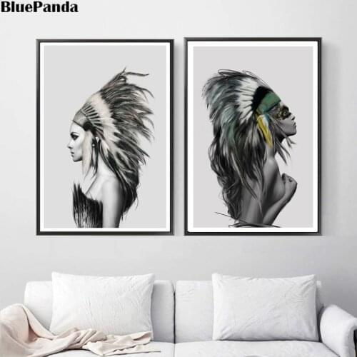 Sexy Indian Girl Monochrome Feather Poster Minimalist Native Painting Nordic Wall Art Canvas Print Picture For Living Room Decor